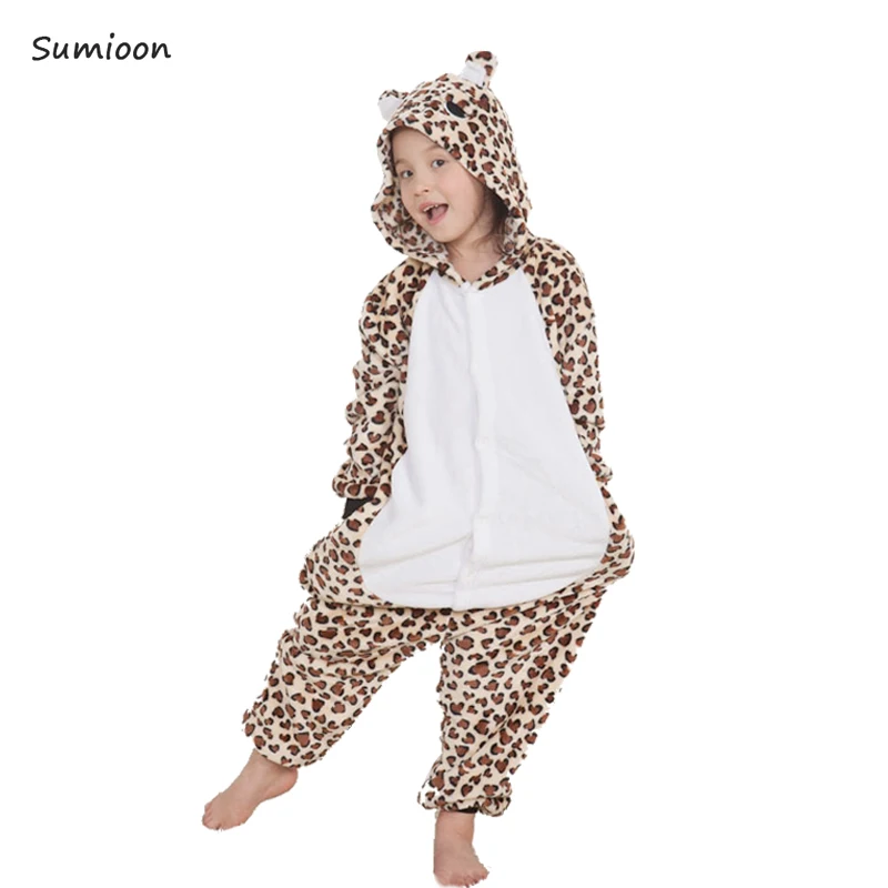 Leopard bear Kuguurumi/Детские пижамы для мальчиков и девочек; пижамы с единорогом; фланелевые детские пижамы; комплект одежды для сна с животными; зимние комбинезоны для детей 4-12 лет - Цвет: Leopard bear