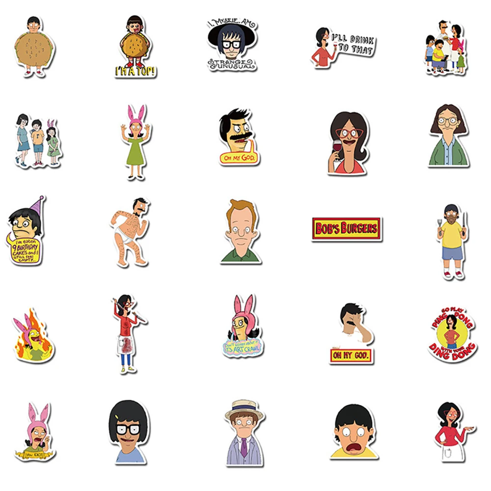 

50PCS Bob's Burgers Cartoon Waterproof Stickers Bike Skateboard Fridge Guitar Laptop Luggage Classic Toy Kid Cool Sticker Decals
