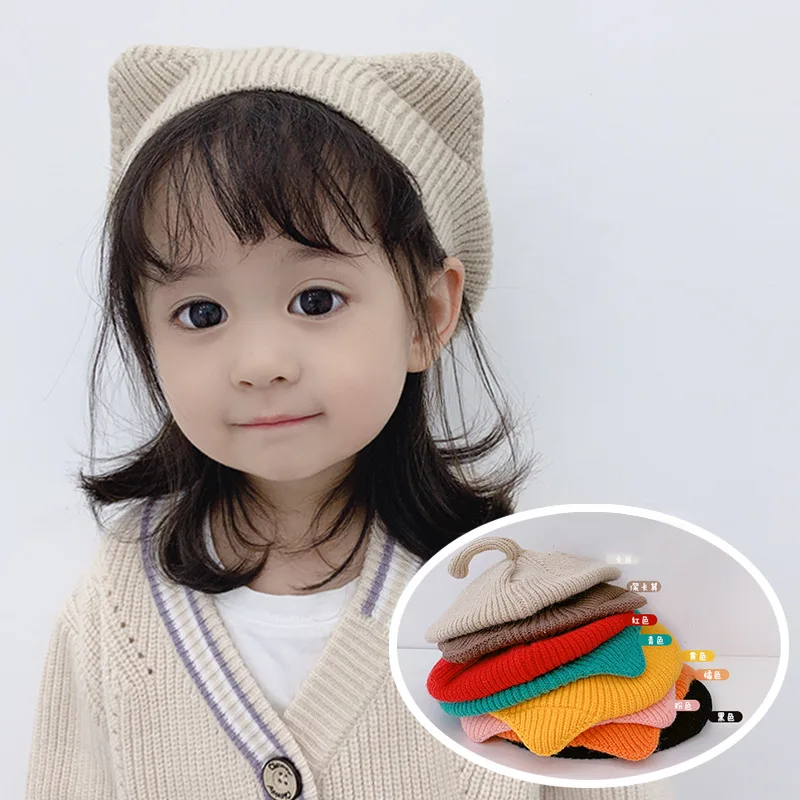 Зима 2019 милые вязаные шапки с кошачьими ушками и хвостом для маленьких девочек 2-6