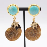 gg jewelry natural conch fossil cz pave starfish gold plated blue turquoise stud earrings handmade for women