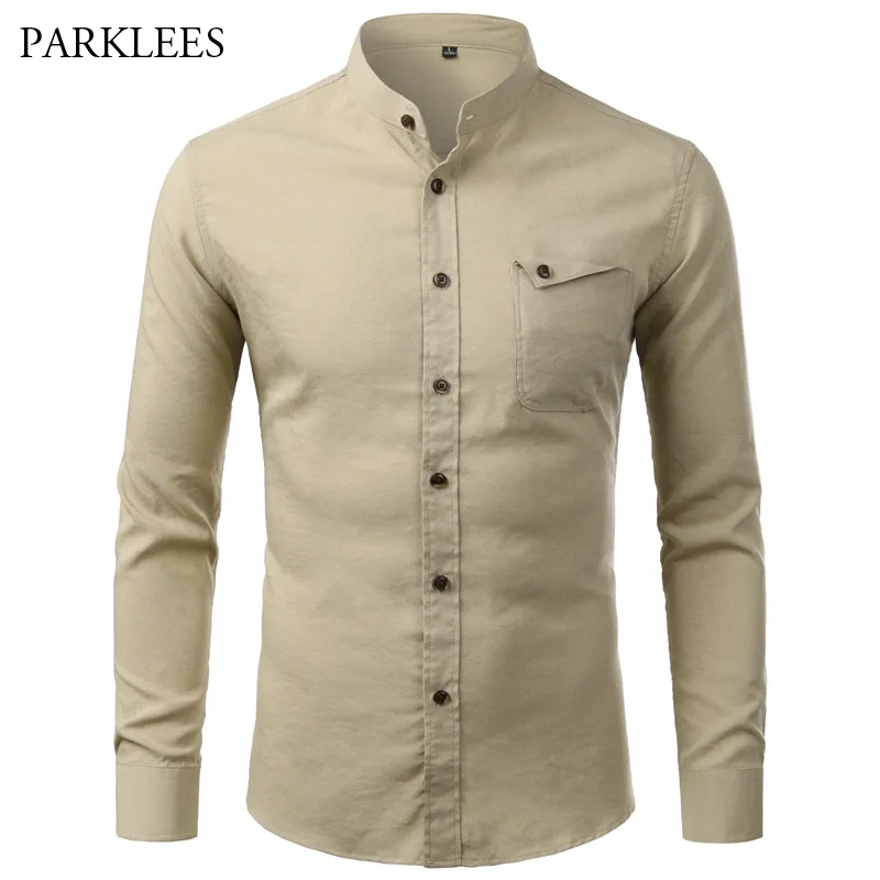Рубашка мужская с воротником стойкой эластичная сорочка на пуговицах карманами