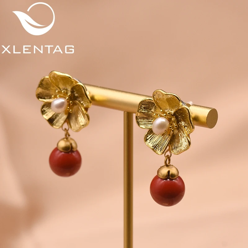 Женские Висячие серьги XlentAg из натурального красного камня с жемчужинами и