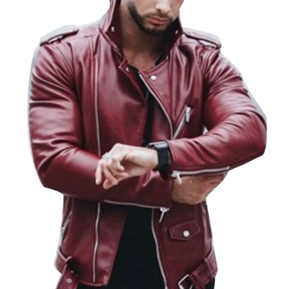 Приталенные кожаные куртки мужские модные с длинным рукавом и