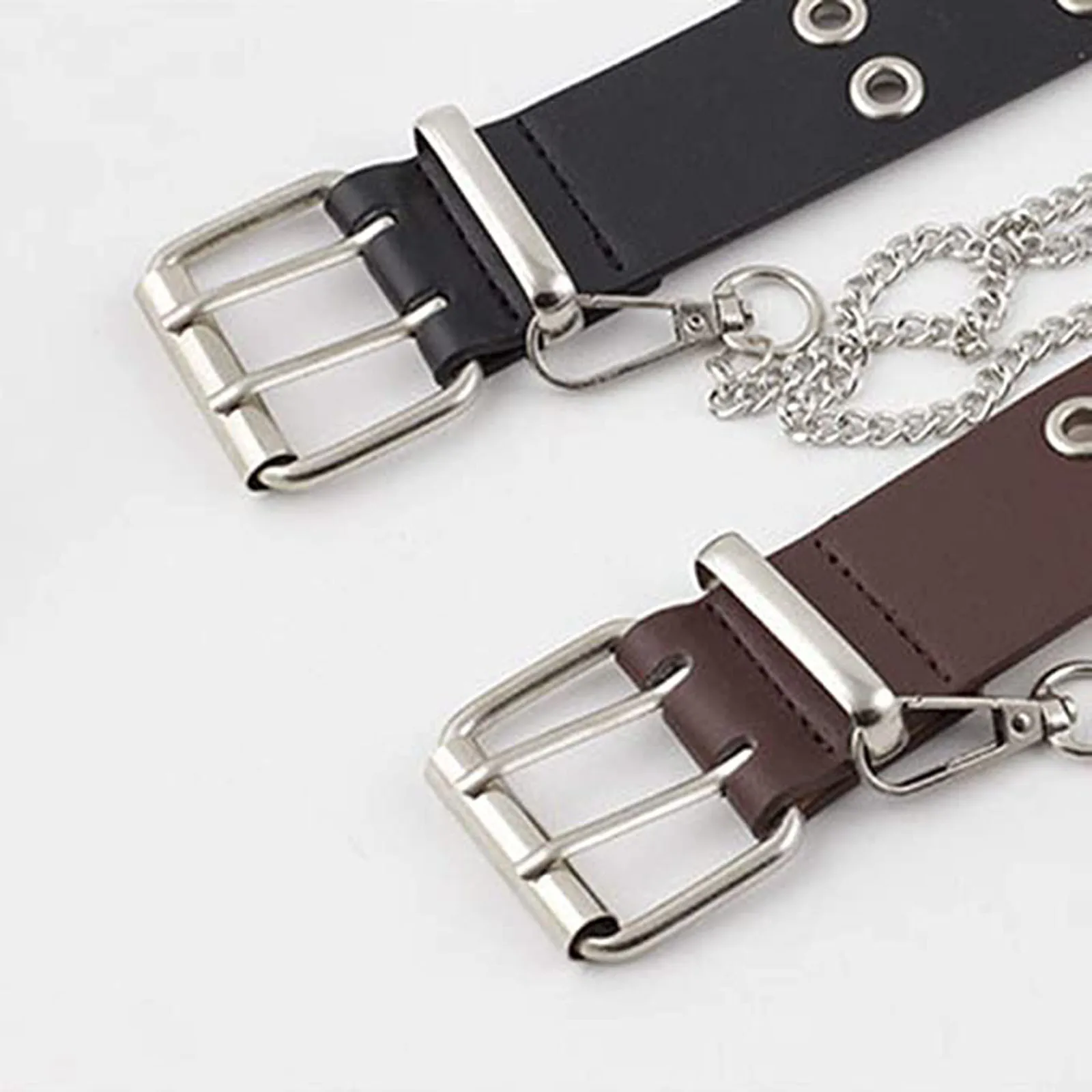 

Fashion Women Punk Chain Belt Lady Trouser Belt Double Hole Belt Leather Women And Men Jeans Waistband Adjustable Length 2021