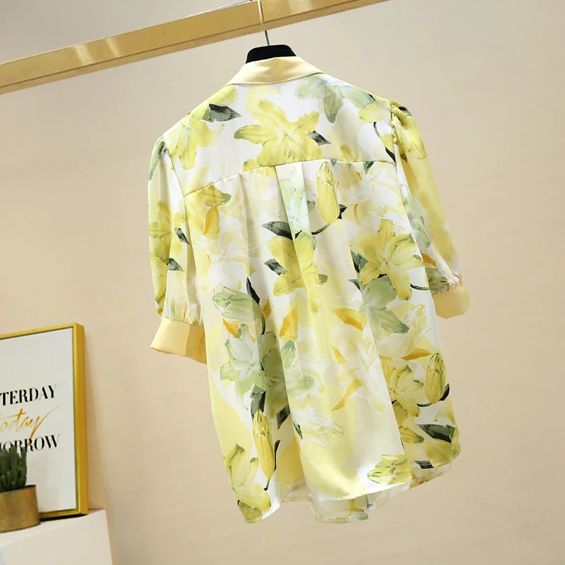 

Vintage Puff Sleeve Shirt 2021 Summer Ladies Tops Camisas Mujer Sash Bow Collar Half Button Up Shirt Women Print Chiffon Shirt