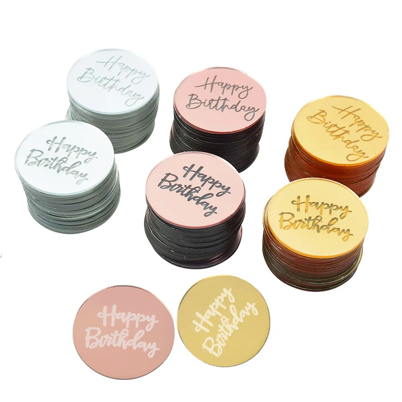 

5cm Circle "Happy Birthday" Acrylic Chips Birthday Cupcake Topper Gold Cake Topper for Birthday Party Table Dessert Decorations
