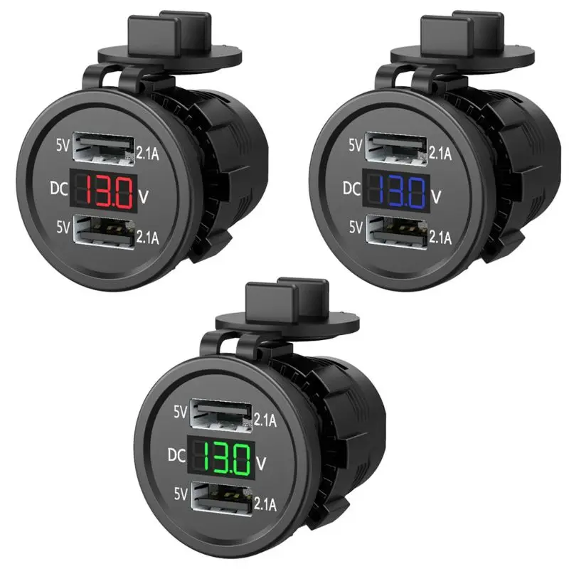 

5V 2.1A Waterproof Dual Ports USB Charger Socket Adapter Power Outlet with Voltage Display Voltmeter for 12-24V Car Boat Motorcy