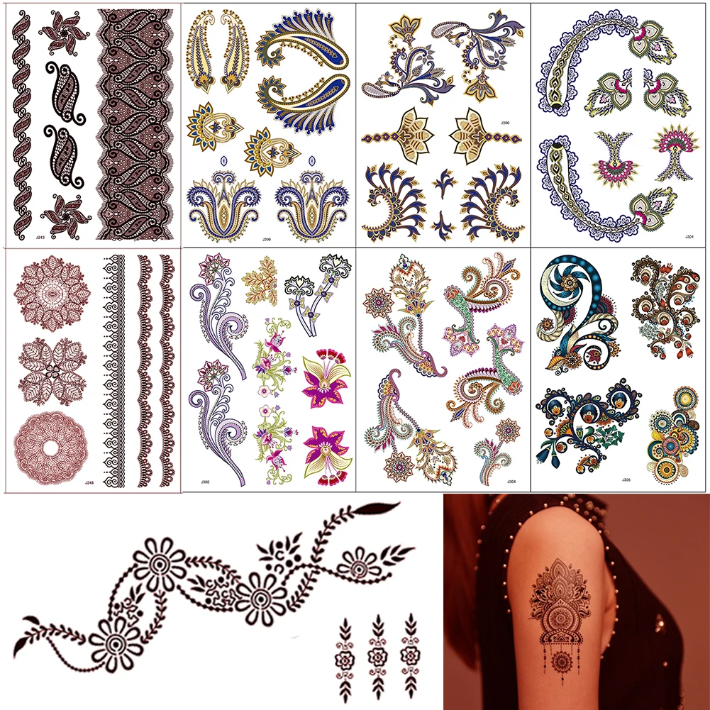 

20 листов, тату-наклейки с коричневой хной, кружевной набор Менди для временных татуировок для женщин, татуировка с цветами на руку, металлик,...