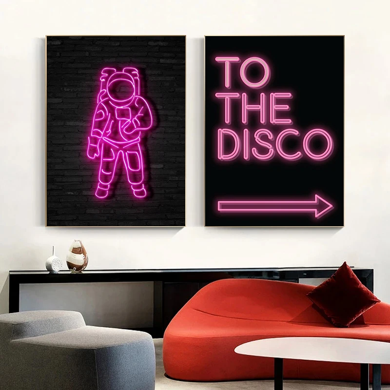 Постер для дискотеки и печатная Картина на холсте астронавт неоновый Светлый