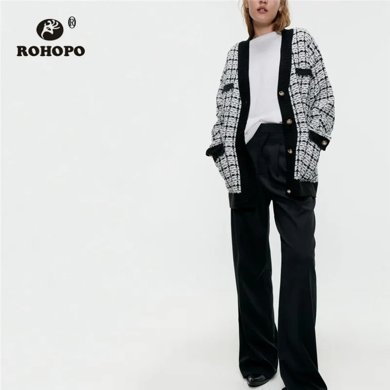 ROHOPO V Collar Long Sleeve Gold Buttons Fly Tweed Sweater Plaid Tops and side Welted Pockets Cardigan Knitted Outwear #9667 |