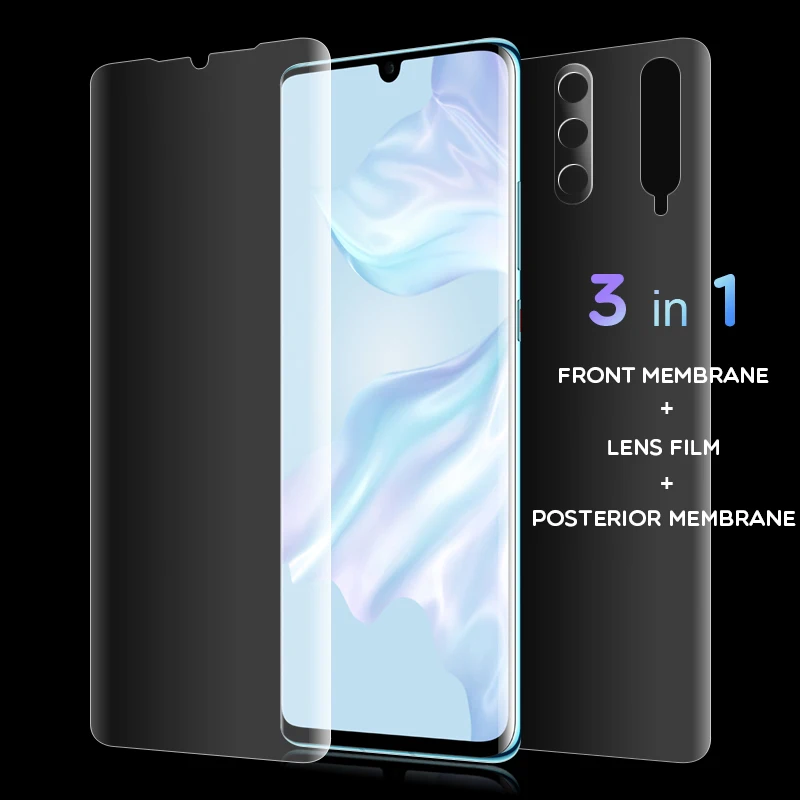 3 в 1 9D пленка для полного покрытия для huawei P30 Lite P30 Pro Защитная Гидрогелевая Передняя пленка+ задняя пленка+ стекло для объектива камеры