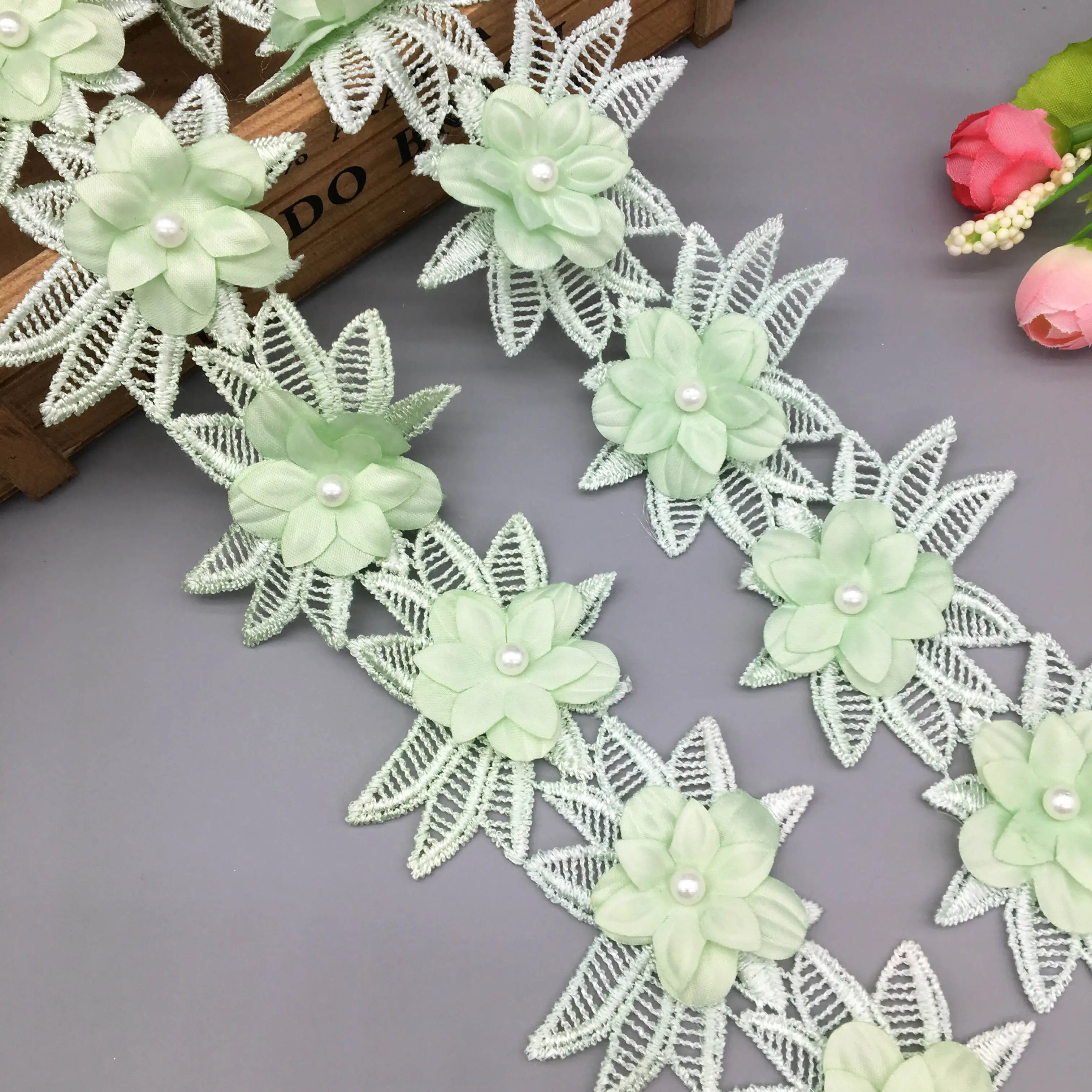 1 ярд 6 см зеленый жемчуг цветок вышитая кружевная отделка Лента Цветочная