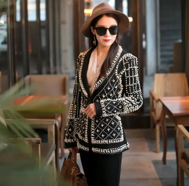 

2019 Blazer Blazer Women Pearl Blazer Jacket Nightclub Costume Female Guest Ds Singer Dj Performance Party Celebration