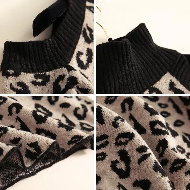 

Newest Women Loose Turtleneck Pullovers Retro Leopard Sweaters Sexy Strapless Long sleeve Sweater