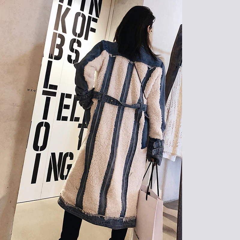 TWOTWINSTYLE Hit Color Patchwork Denim Tassel Trench Coats For Women Lapel Collar High Waist Sashes Windbreakers Autumn New