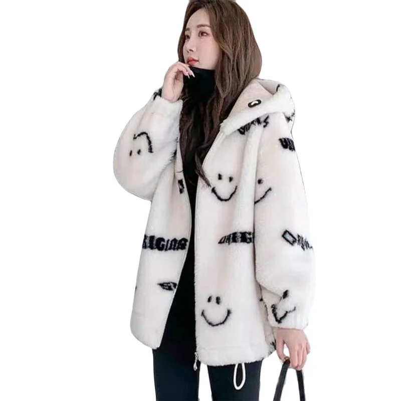 

Women's Korean One Piece Of Fur Lambs Wool Coat New Winter Jacket Long Cold Warm Woolen Coats Loose Hooded Parka Overcoat 87KG
