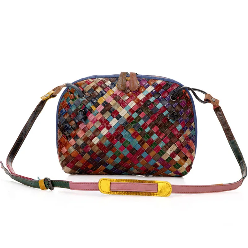 

New Arrival women bag fashion shoulder bag genuine cow leather material knitting style brown Mixed color crossbody bag for girl