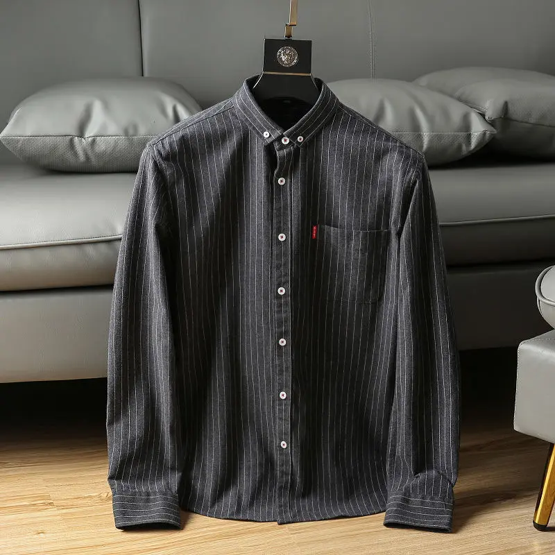 

Men 's Shirt Autumn And Winter New Brushed Simple Textured Vertical Stripes Business Casual All -Match Long Sleeve Shirt