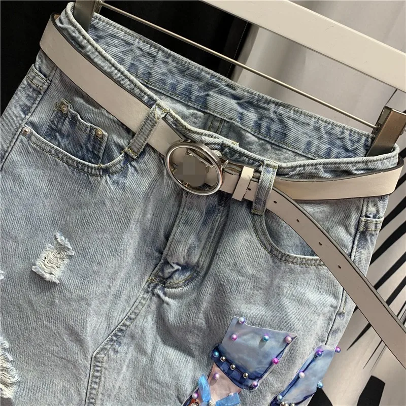 Женские джинсовые трапециевидные юбки с высокой талией и вышивкой украшенные