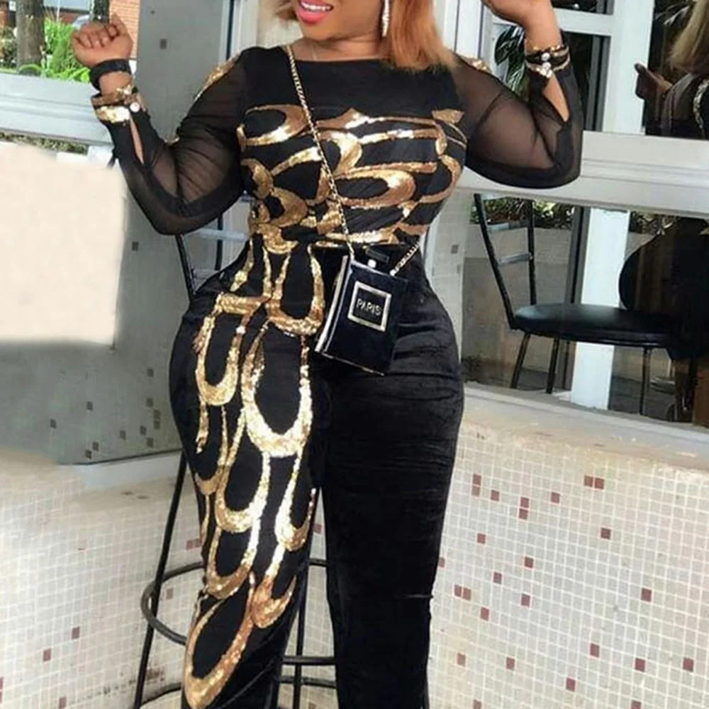 Повседневный черный женский сексуальный комбинезон большого размера с золотым