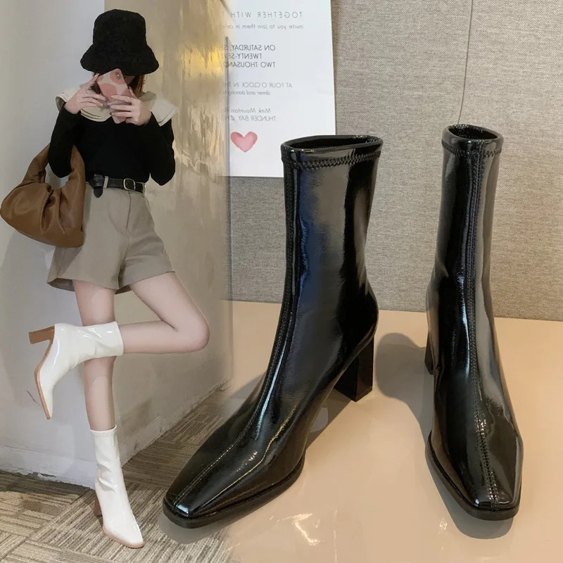 

Patent Leather Short Boots Women's Thick and High-heel Martin Boots Women's Square Toe White Stretch Boots Were Thin Thin Boots
