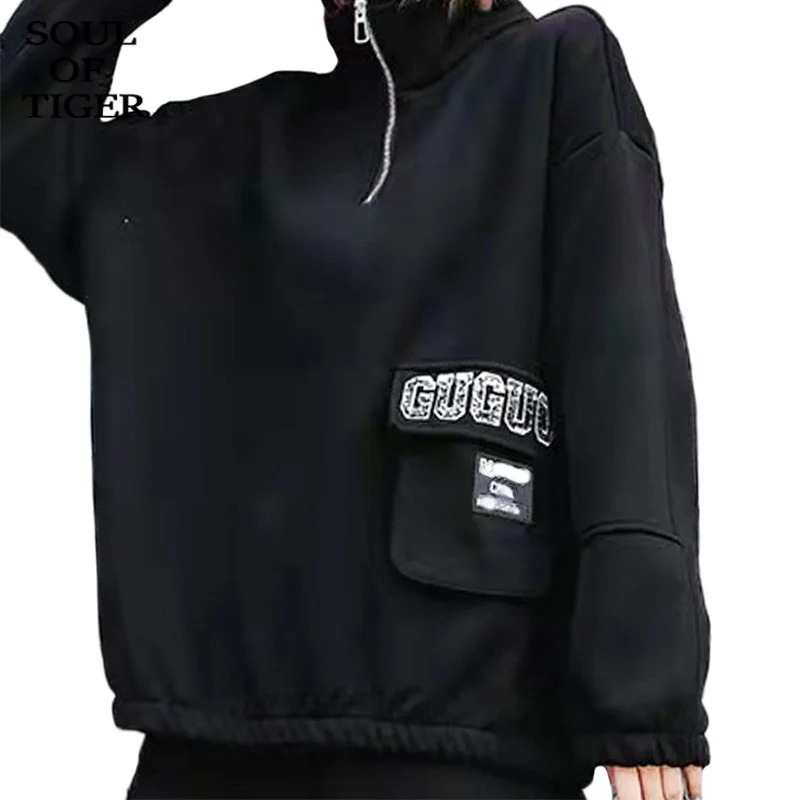 

Черная Женская толстовка с принтом SOUL OF TIGER в Корейском стиле на молнии, Свободная Повседневная Толстовка, женская уличная одежда для фитнес...