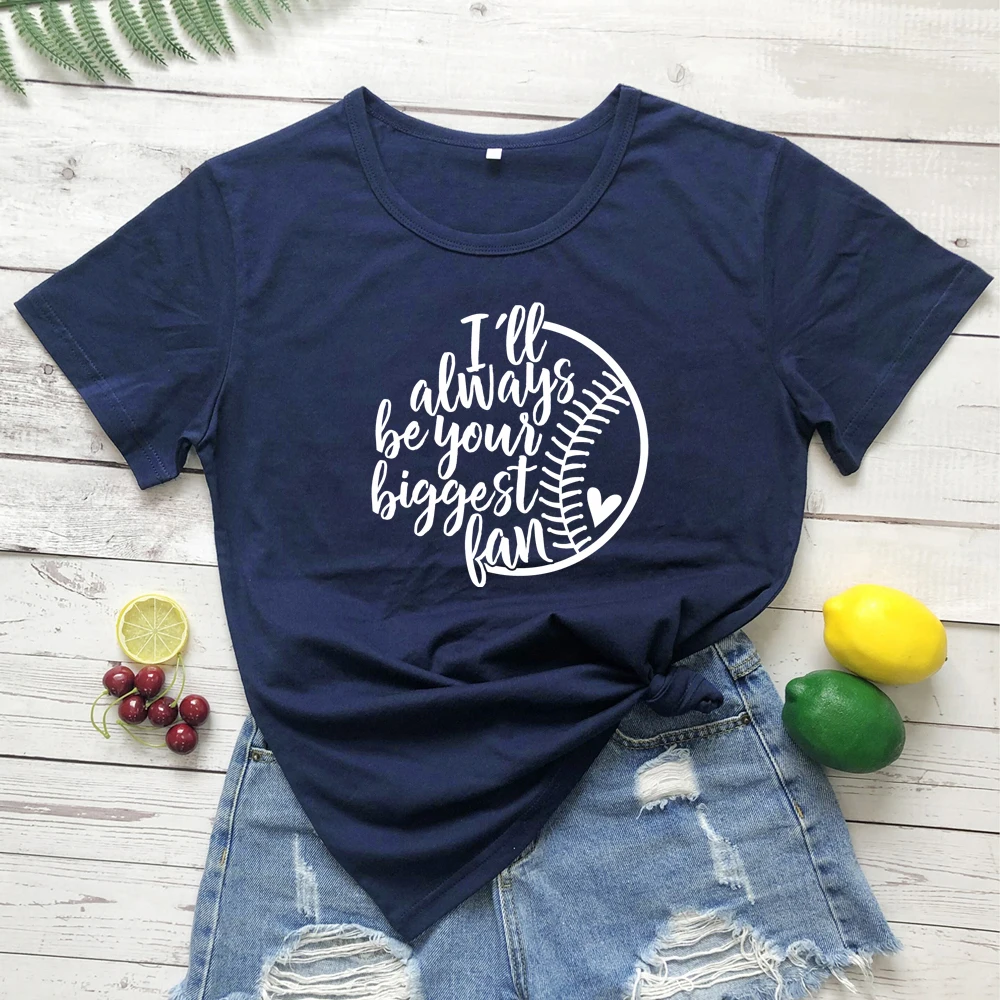 navy blue-white text Футболка с принтом Бейсбольного мяча «I'll Always Be Your Big Fan», забавные летние футболки с рисунком Tumblr, подарок на день игры для мамы и фаната - Цвет: navy blue-white text
