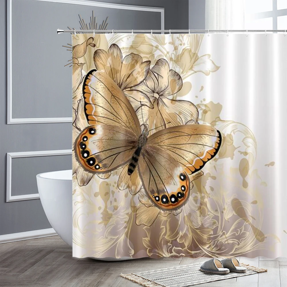 

Cute Fashion Golden Butterfly Shower Curtains Sets Waterproof Polyester Fabric Bathroom Curtain Home Decor Bathtub Bath Screens