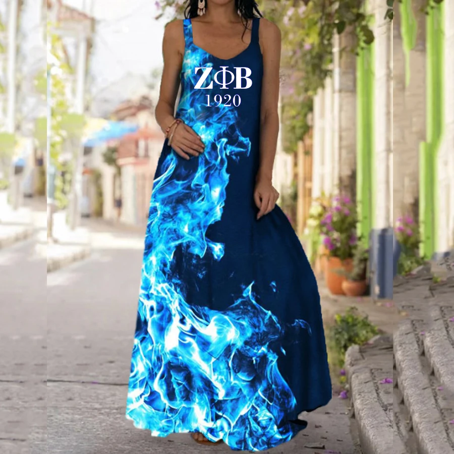 

Zeta Phi Beta Tie-dye Dress Printed Bohemian Strap Off-shoulder Mopping Dress