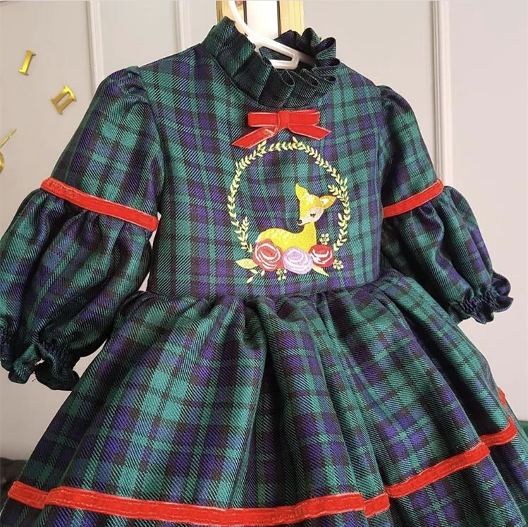 

Baby Girl Auntumn Winter Green Plaid Deer Embroisery Vintage Turkish England Princess Ball Gown Dress for Christmas Casual Eid