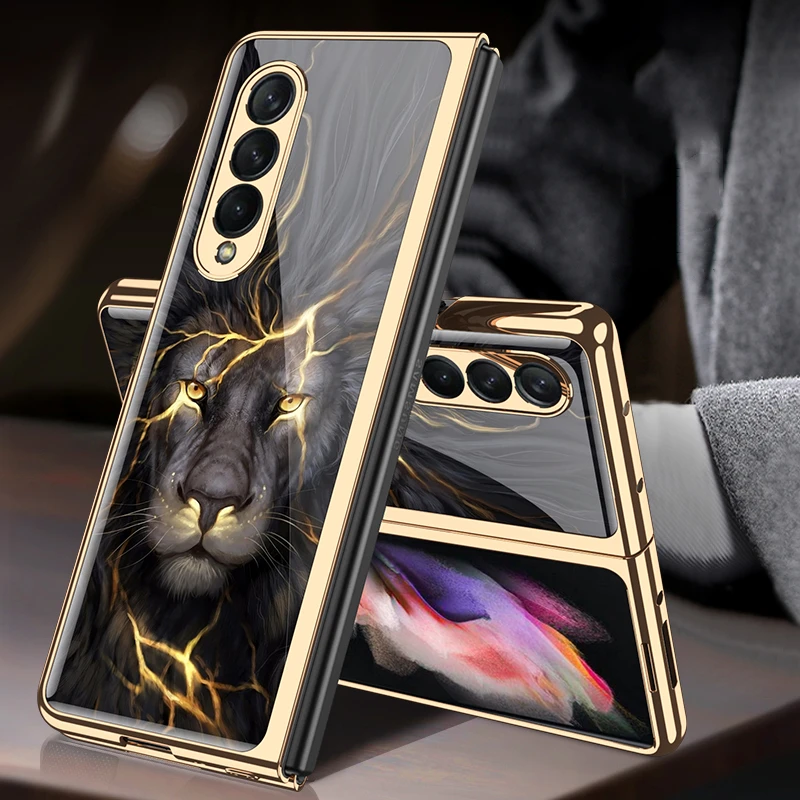 Mystery Black Pattern Tempered Glass Case For Samsung Galaxy Z Fold4 3 Case Plating Bumper Hard Back Cover For Galaxy Z Fold 4