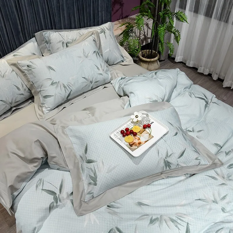 

Bamboo Leaves Duvet Cover Set(1 Duvet Cover+1Flat sheet+2 Pillowcases)Soft 100%Cotton Botanical Floral Bedding Set Queen King
