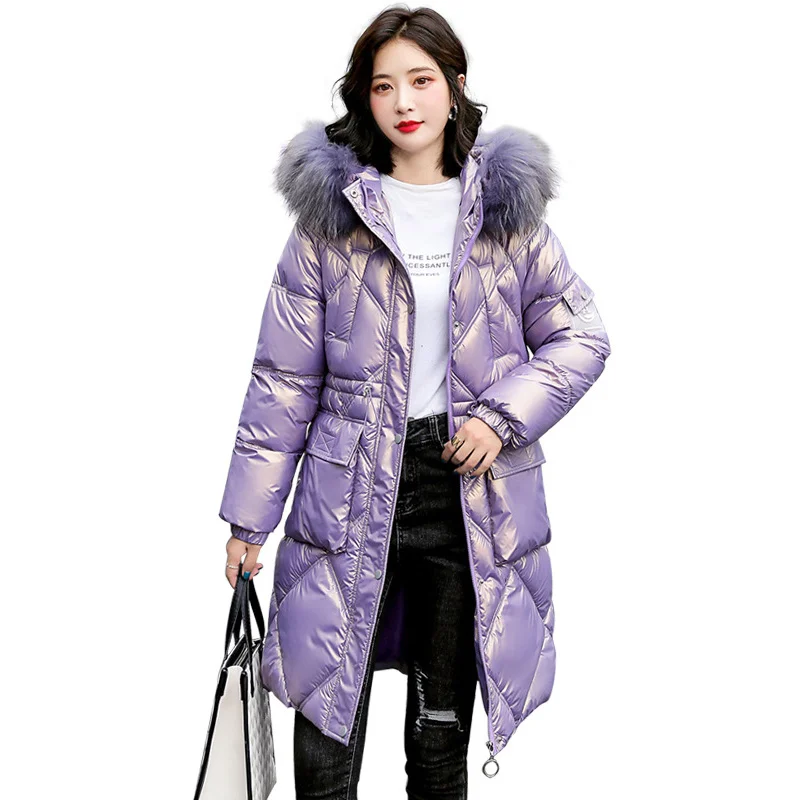 

Down Cotton Coat Women Long 2021 Winter New Fashion Purple Korean Glossy Parkas Thick Warmth Fur Hooded Jacket Black Pink White