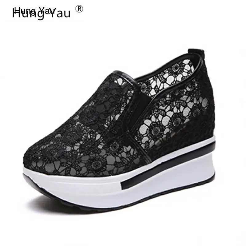 

Hung Yau Wedges Canvas Shoes For Woman Platform Vulcanized Air Mesh Shoes Hidden Heel Height Increasing Casual Shoes Size 39