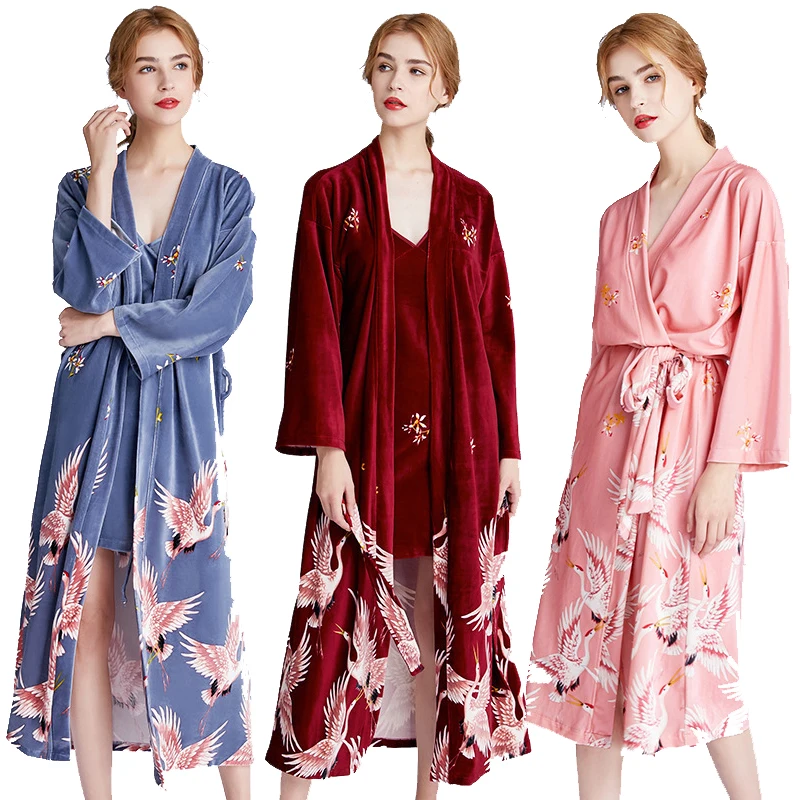Халат женский зимний с принтом журавлей и длинным рукавом | Женская одежда