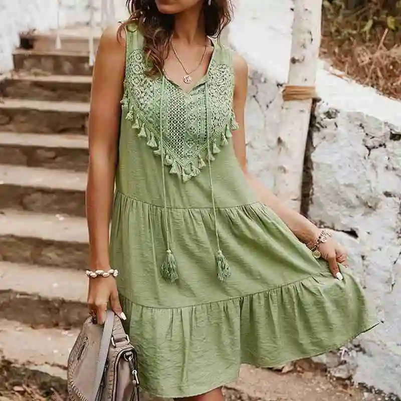 

Summer New Women's Pure Color Sleeveless V Neck Mini Fairy For Girls Super Elegant Dress 2021 Party Loose Beach Dress Sexy Q7S8