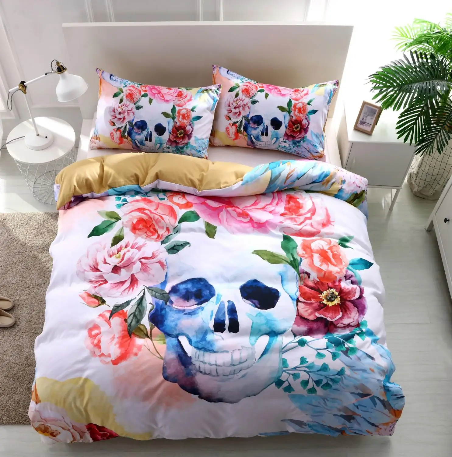 

Halloween Skull Duvet Cover Set Kids Comforter Cover Home Decor 3pcs Bedding Set Bones Skeleton Roses Floral Print Pillow Case