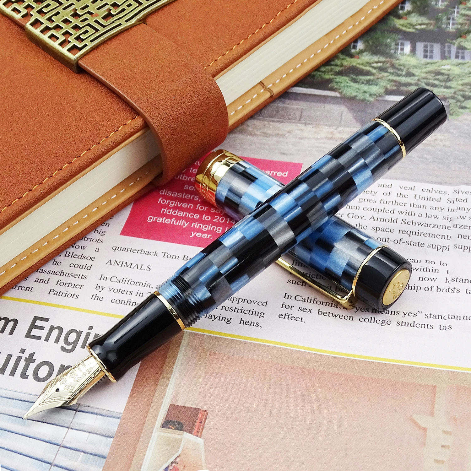 Jinhao 100 14K Gold Resin Fountain Pen Blue Checkerboard Fine Size 0.5mm Ink Pen with Converter for Business Office Writing