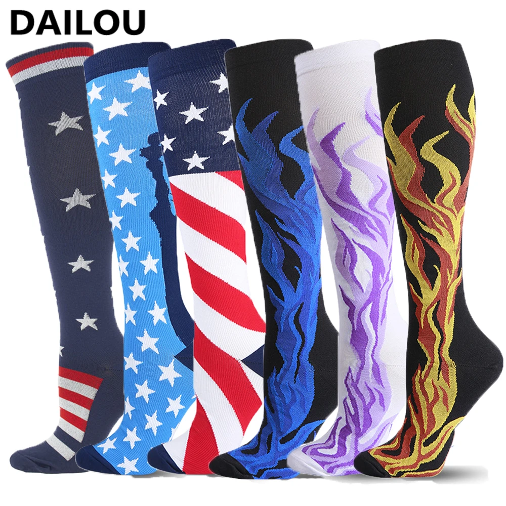 

Эластичные компрессионные чулки для спорта на открытом воздухе, с огнем, флагом, пентаграммой, нейлоновые, для поддержки ног, для снятия мышечной усталости, женские и мужские носки