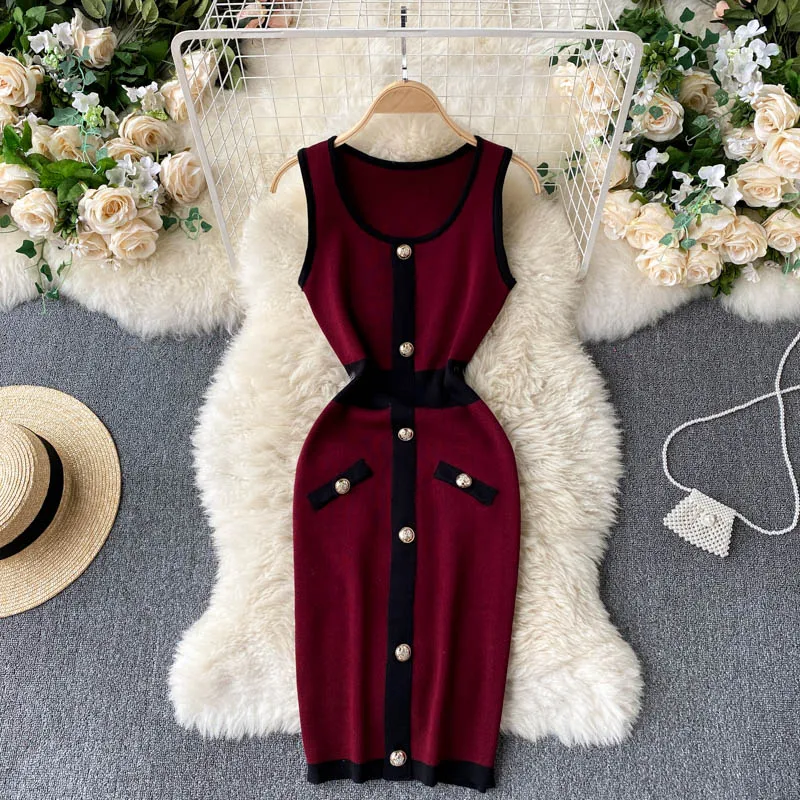 

Amolapha Summer Sexy Women O Neck Single Button Sleeveless Slim Pack Hip Stretch Knitting Mini Dress Vestidos