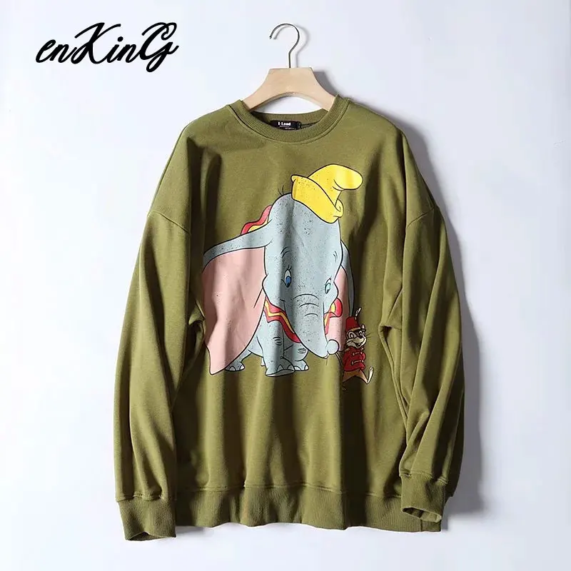Black Pink Cartoon Lion King Print Women Hoodie Long Sleeve O Neck Ladies Za Sweatshirt Casual Womens Hoodies Pullover - Цвет: GREEN ELEPHANT