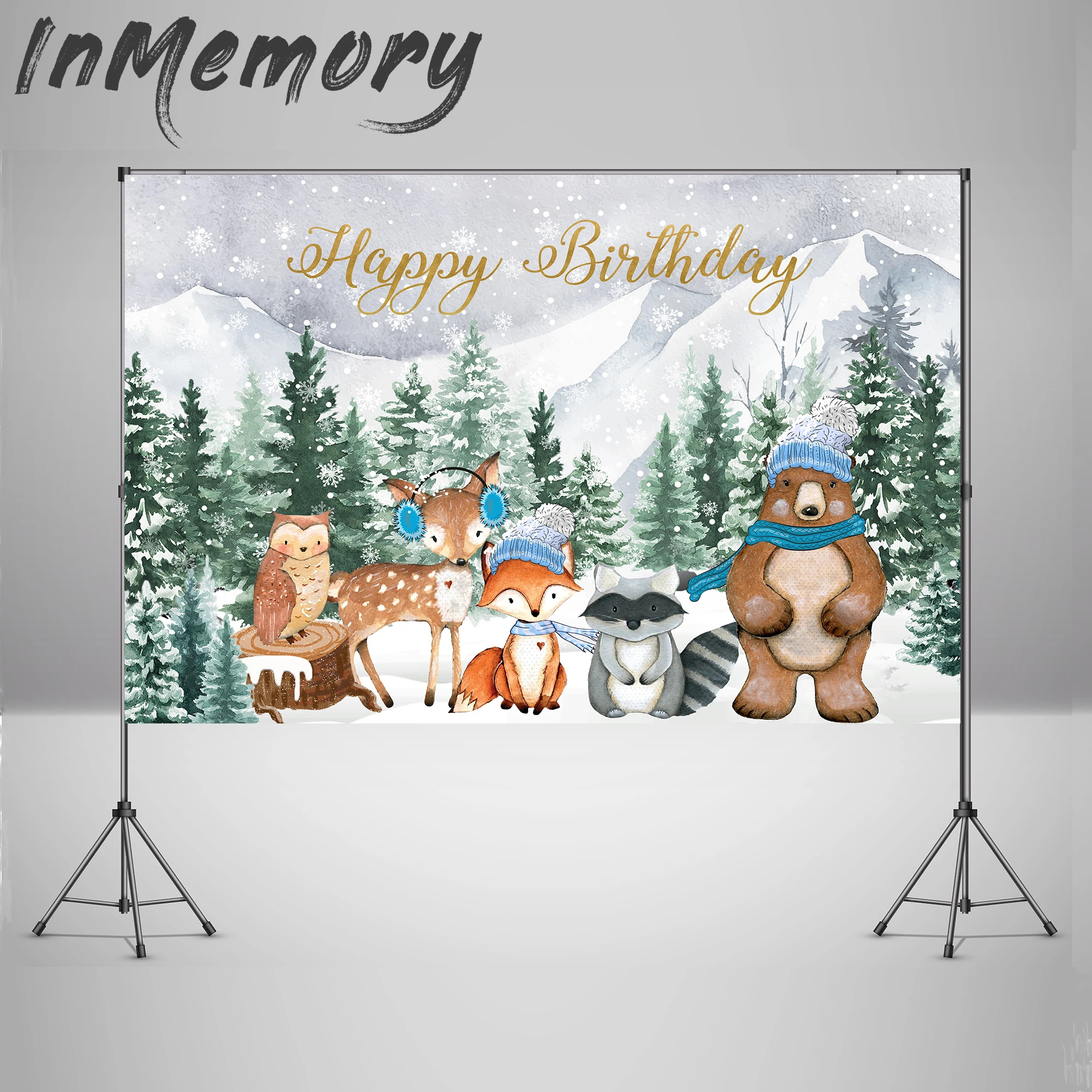

Winter Photocall Forest Trees Snow Woodland Party Photo Backgrounds fox Bear Photography Backdrops Christmas Banner Photo Studio