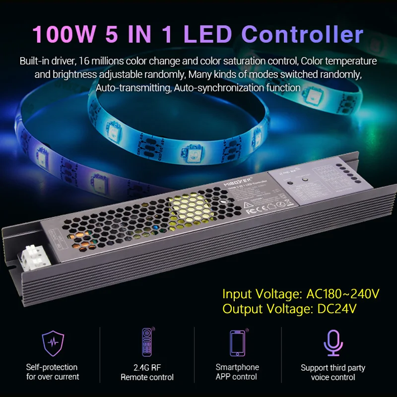 AC180~240V 100W 5 IN 1 LED Controller Built-in power supply 2.4G RF/WIFI /APP/voice control for DC24V RGB RGBW RGB+CCT LED strip