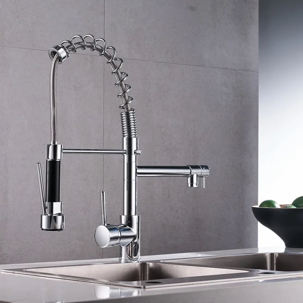 

Chrome-plated kitchen faucet double outlet kitchen sink crane deck installation spring kitchen faucet kitchen hot and cold water