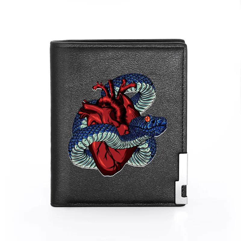 

Unique Snake And Heart Printing Black Leather Wallet Fashion Men Women Credit Card Holder Short Purse