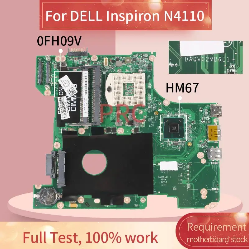 0fh09v para Dell Inspiron Computador Portátil Placa-mãe Da0v02mb6e0 Hm67 Ddr3 Notebook Mainboard Cn-0fh09v N4110
