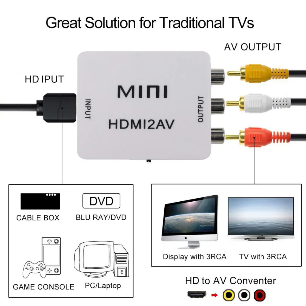 Композитный адаптер преобразователь 1080P Mini HD в RCA AV аудио видео кабель CVBS