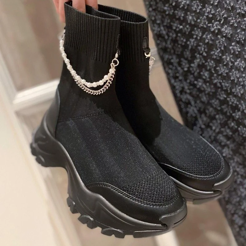 

Женские короткие ботильоны без шнуровки, Дамская обувь для женщин, Новинка осени 2021, однотонные ботинки-носки с жемчугом и металлической це...