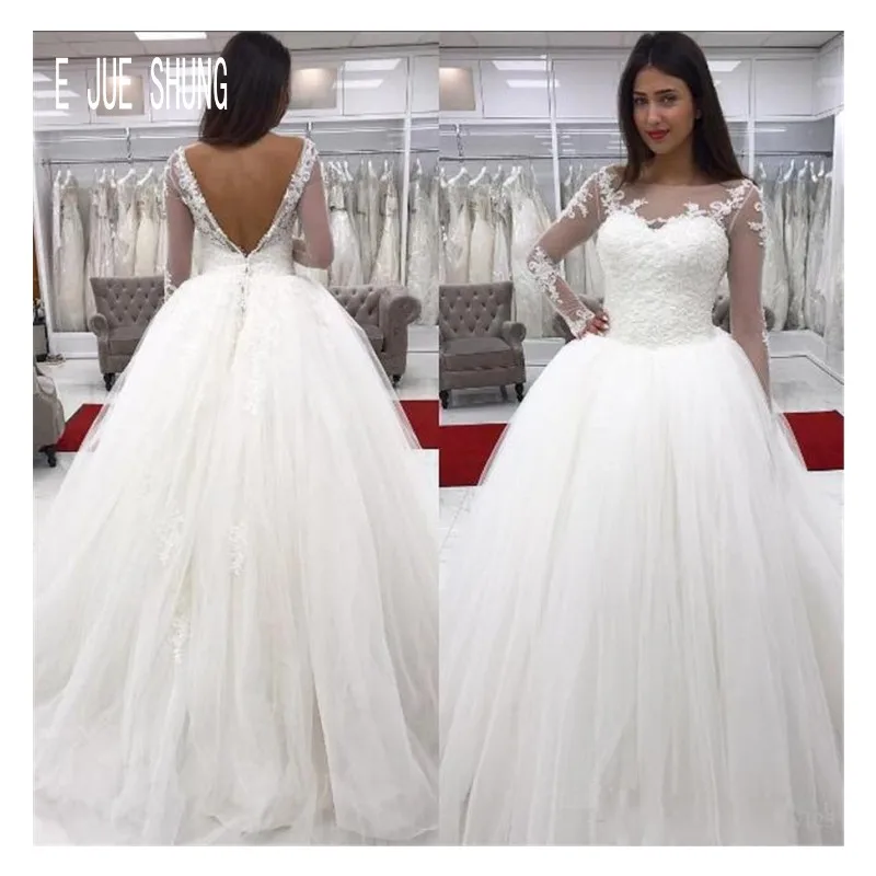 

E JUE SHUNG Modern Backless Ball Gown Wedding Dresses Sheer Scoop Neck Illusion Long Sleeves Bridal Gowns Vestido De Noiva