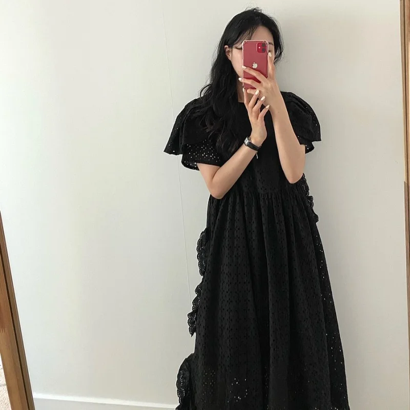 

Korejpaa Women Dress 2021 Summer Korean Gentle Elegant Solid Color O Neck Openwork Lace Crochet Ruffled Fly Sleeve Long Vestido